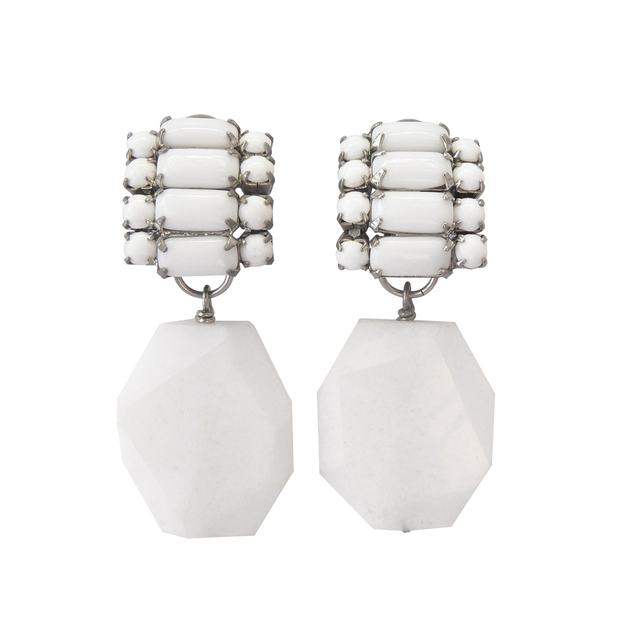 White jade nugget and white milk glass rhinestone earrings by Jenny Dayco 1
