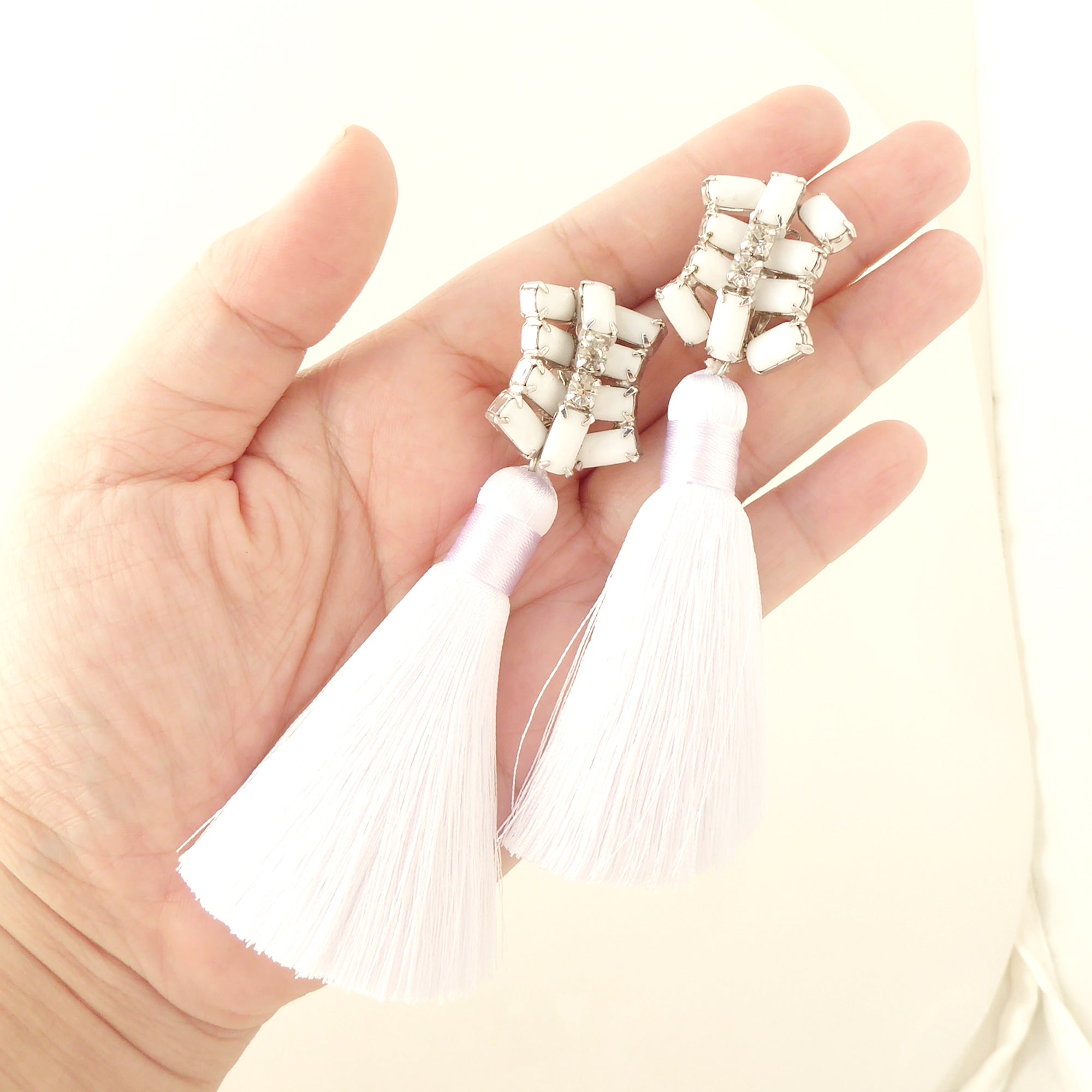 White rhinestone and silk tassel earrings by Jenny Dayco 6