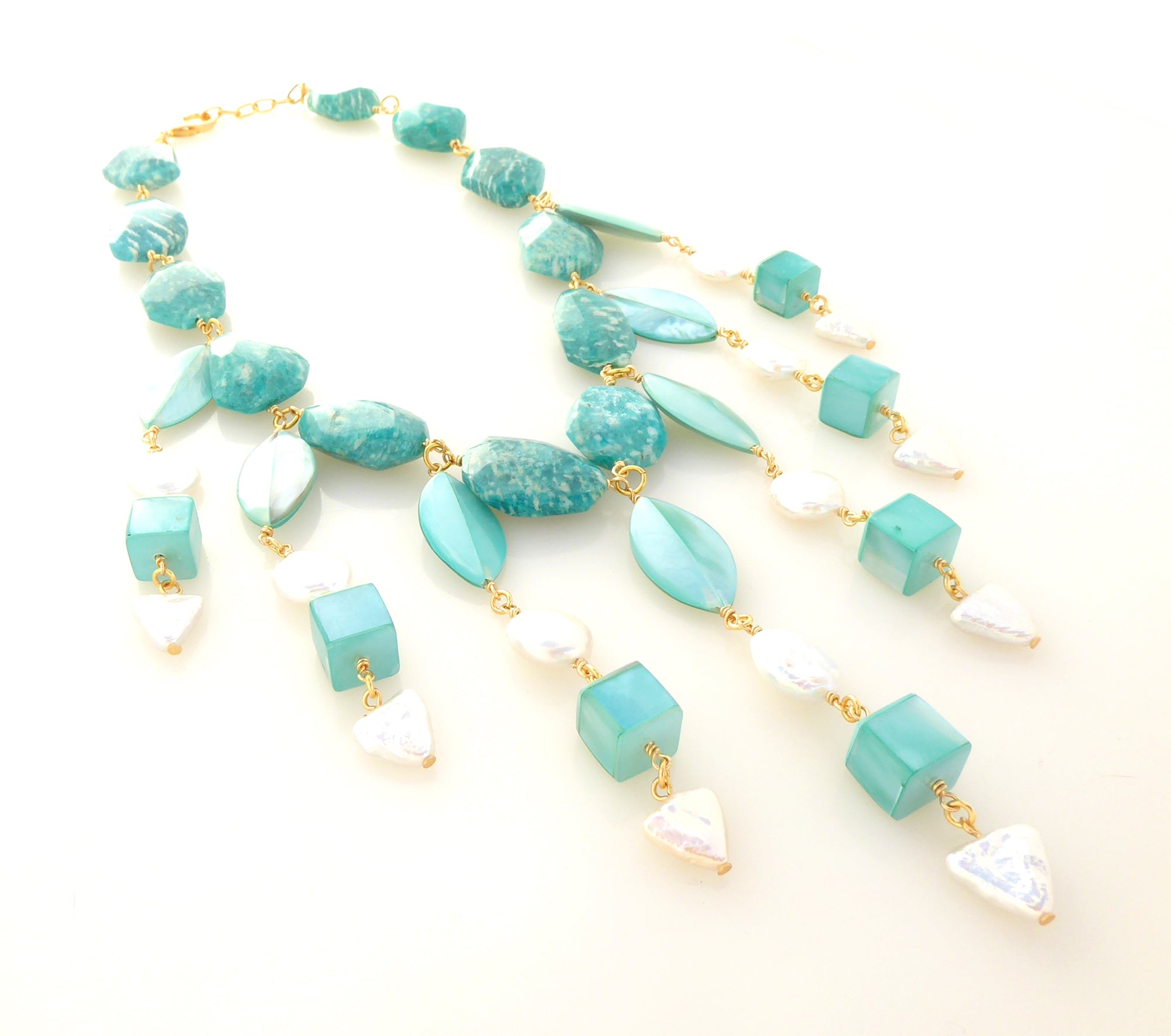 Zelenka amazonite stone and pearl triangle necklace by Jenny Dayco 2